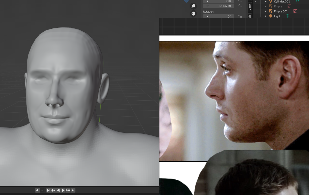 The half-sculpted head with a reference picture of Dean Winchester from Supernatural