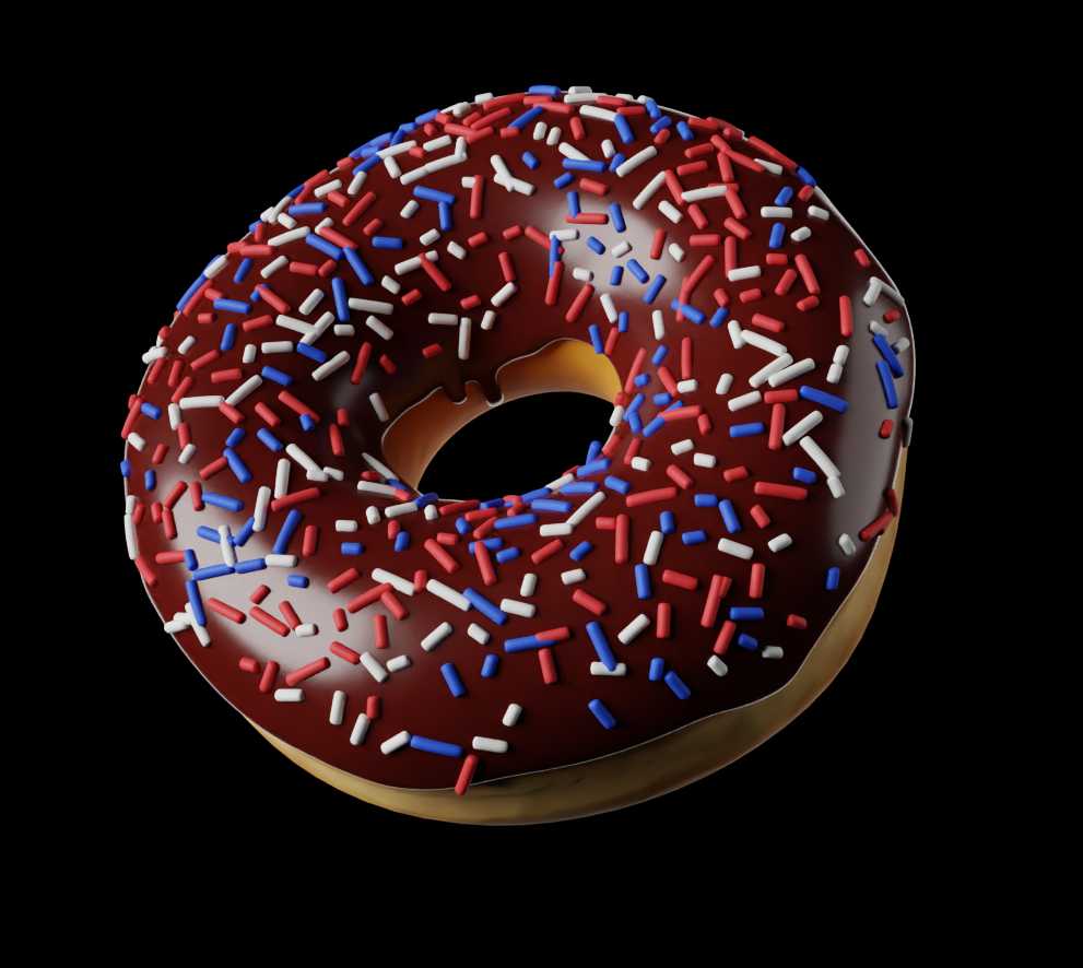 3D vanilla donut decorated with chocolate icing and red, white, and blue sprinkles.
