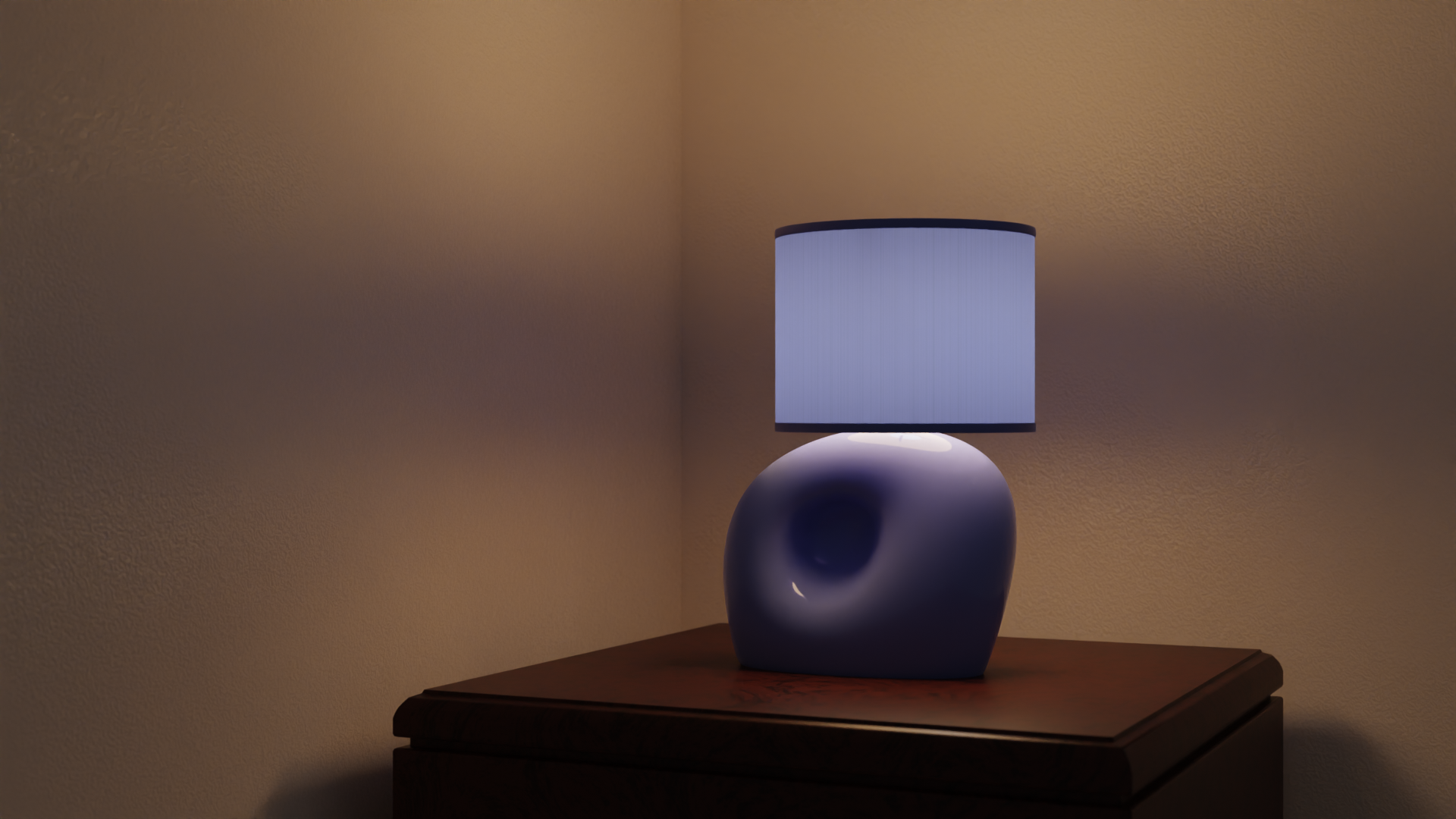 Modern, spherical lamp with derpession in the middle. Lamp base is purple with a light purple lamp shade. It sits on a wooden bedside table.